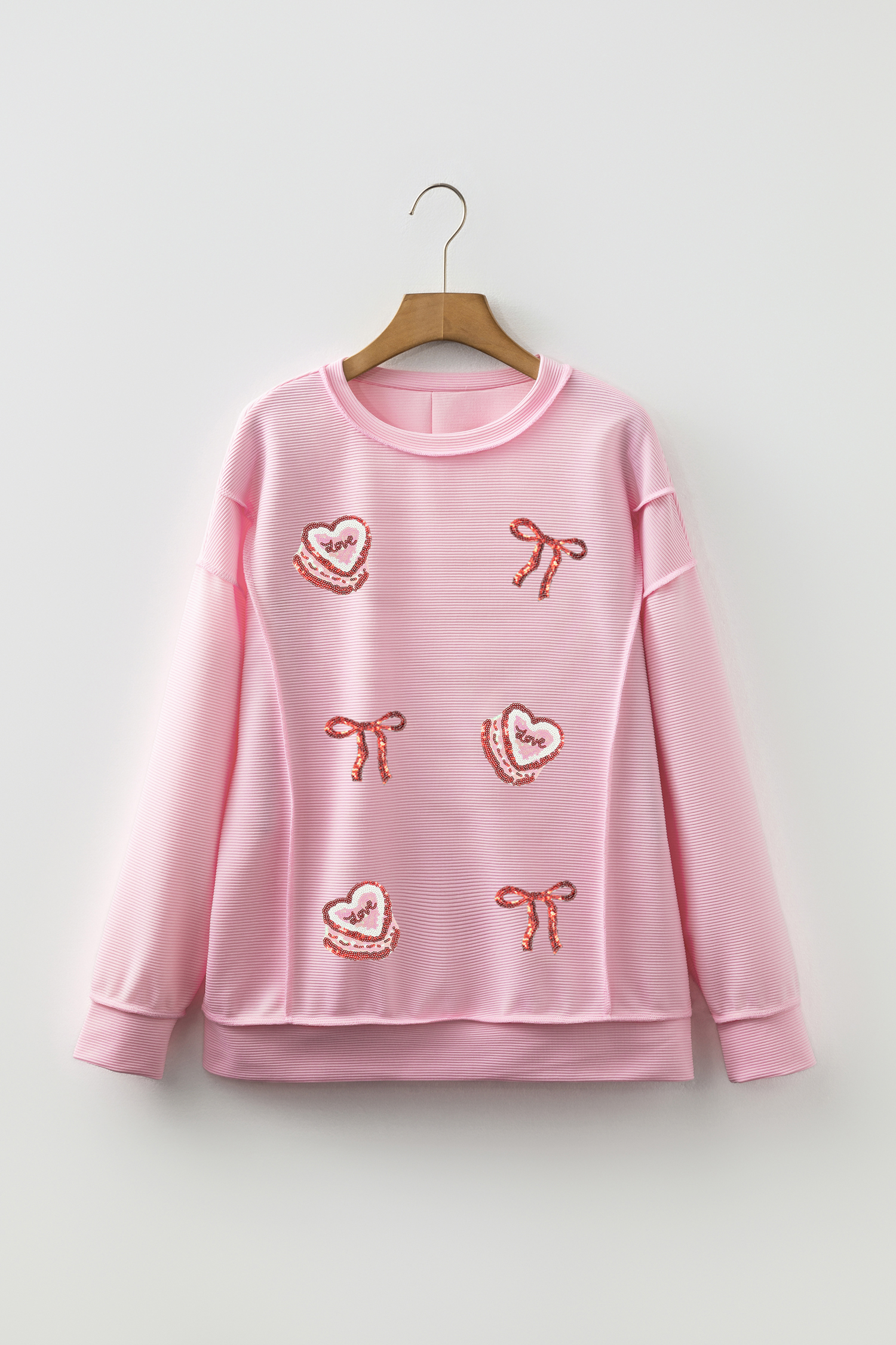 Pink Exposed Seam Ribbed Texture Sequin Love Cake Bow Graphic Long Sleeve Top - loveforevers