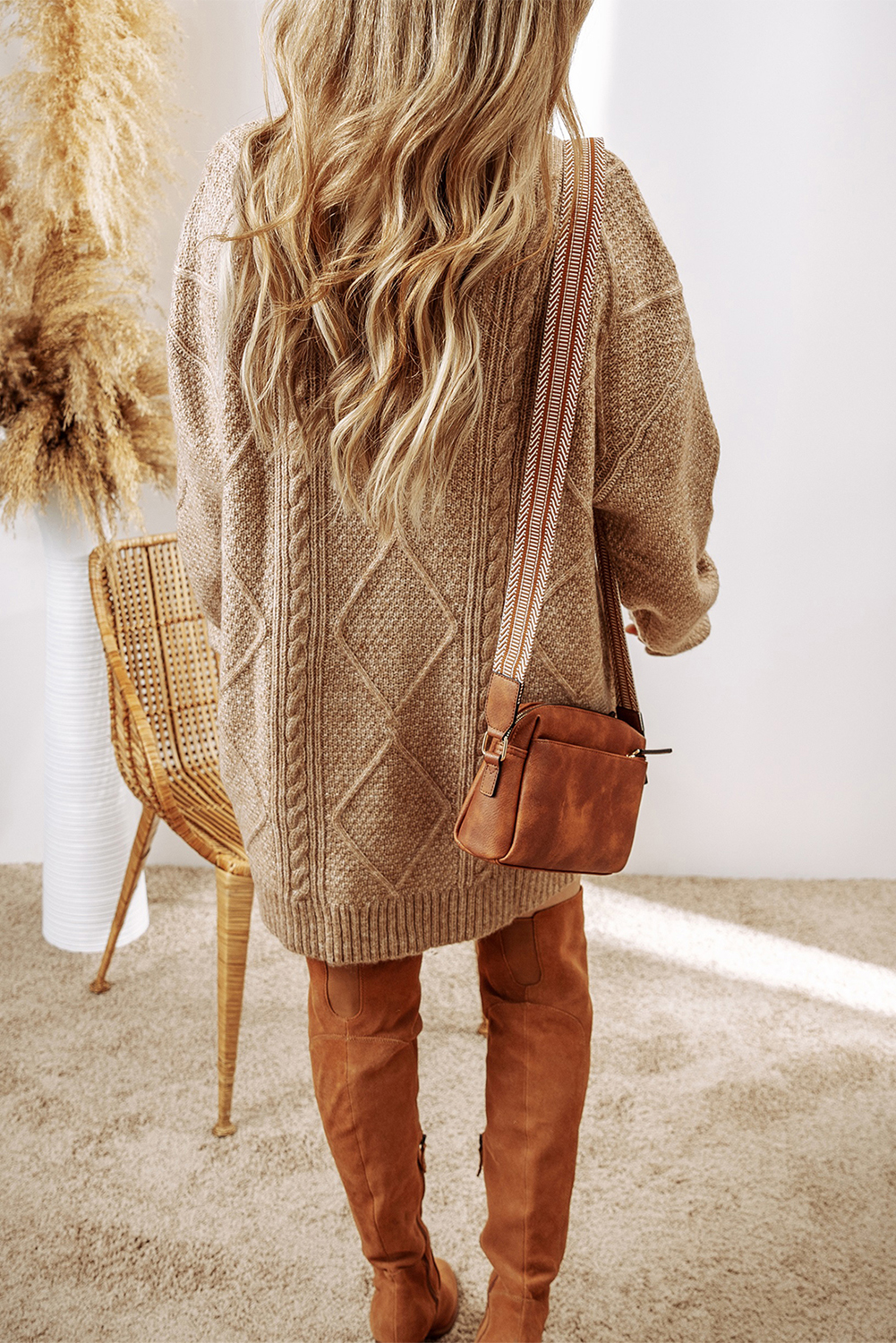 Parchment Cable Knit Drop Shoulder Loose Fit Sweater Dress - loveforevers