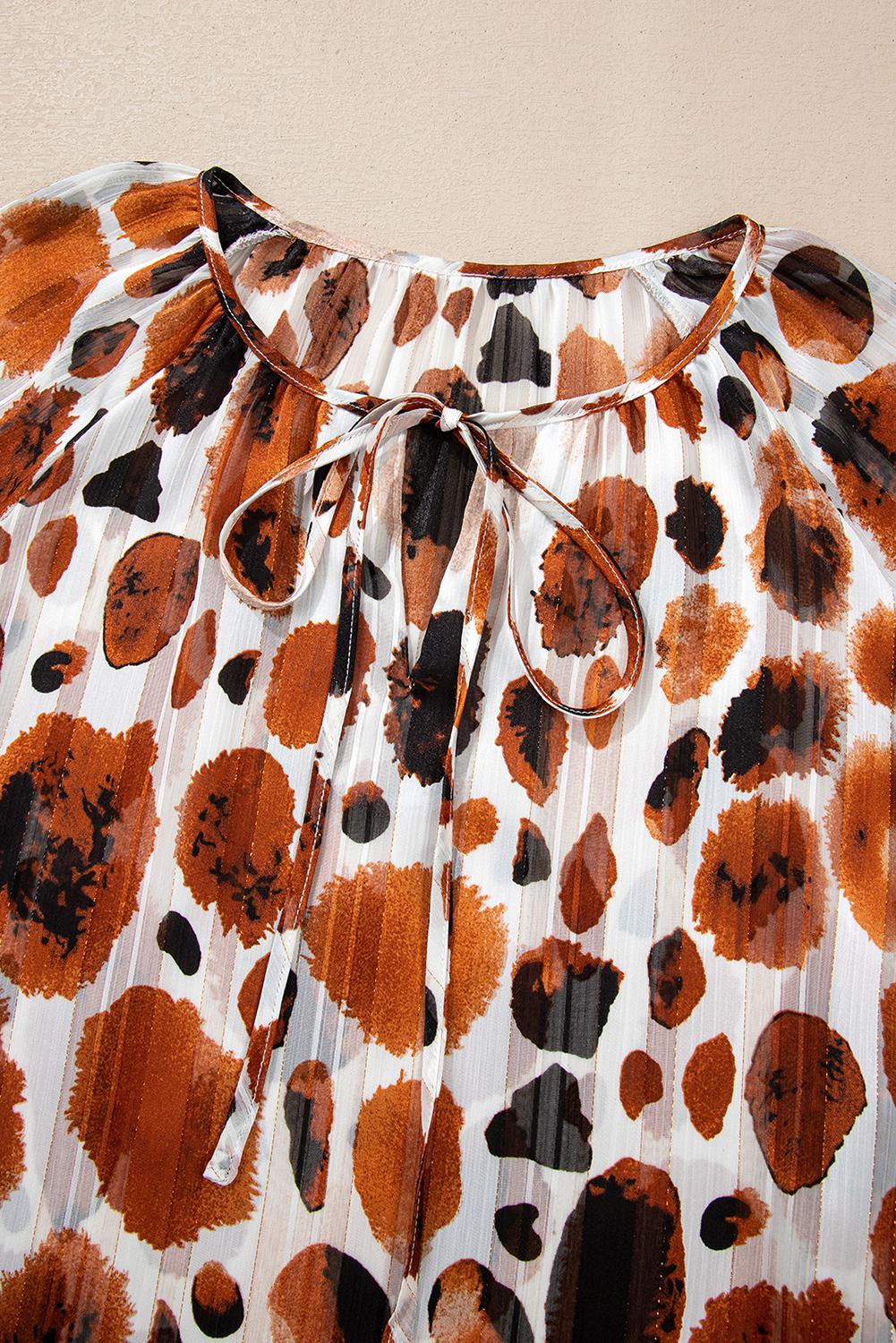 Brown Metallic Threading Accents Pleated Abstract Printed Ruffled 3/4 Sleeve Blouse - loveforevers