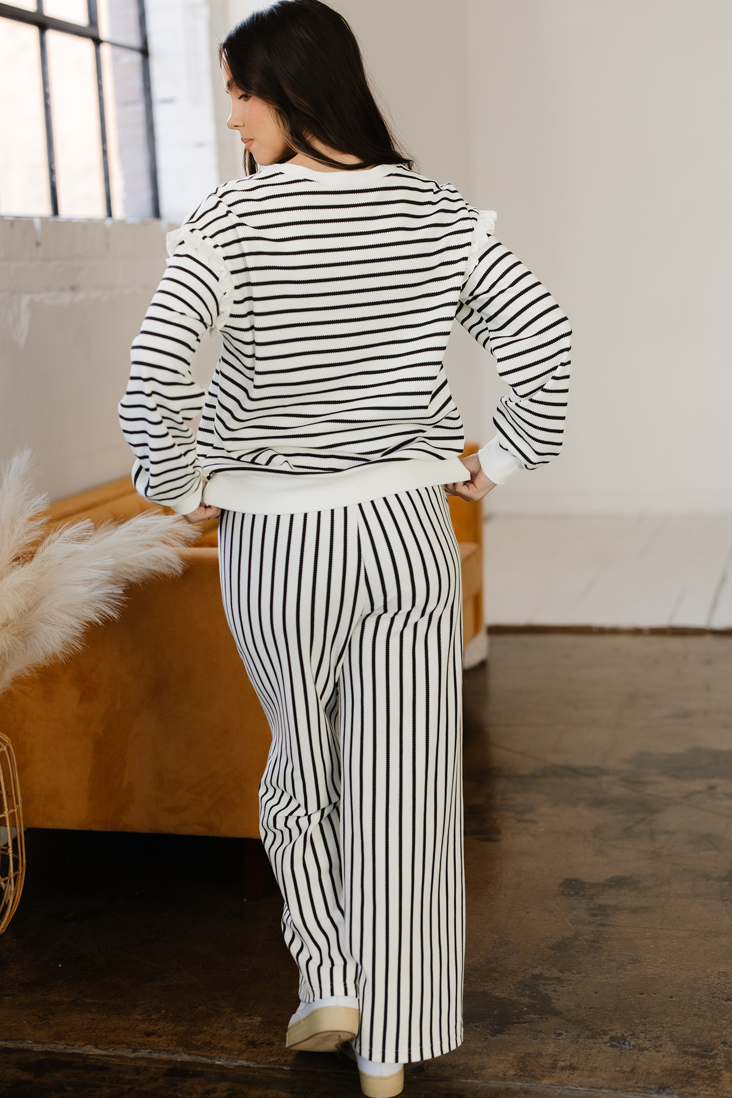 White Stripe Ruffle Trim Drop Shoulder Top Drawstring Loose Pant Set - loveforevers