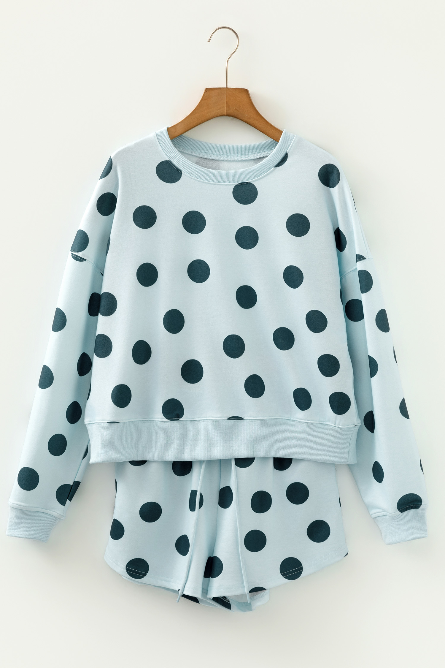 Beige Polka Dot Print Drop Shoulder Pullover Drawstring Jogger Pant Set - loveforevers