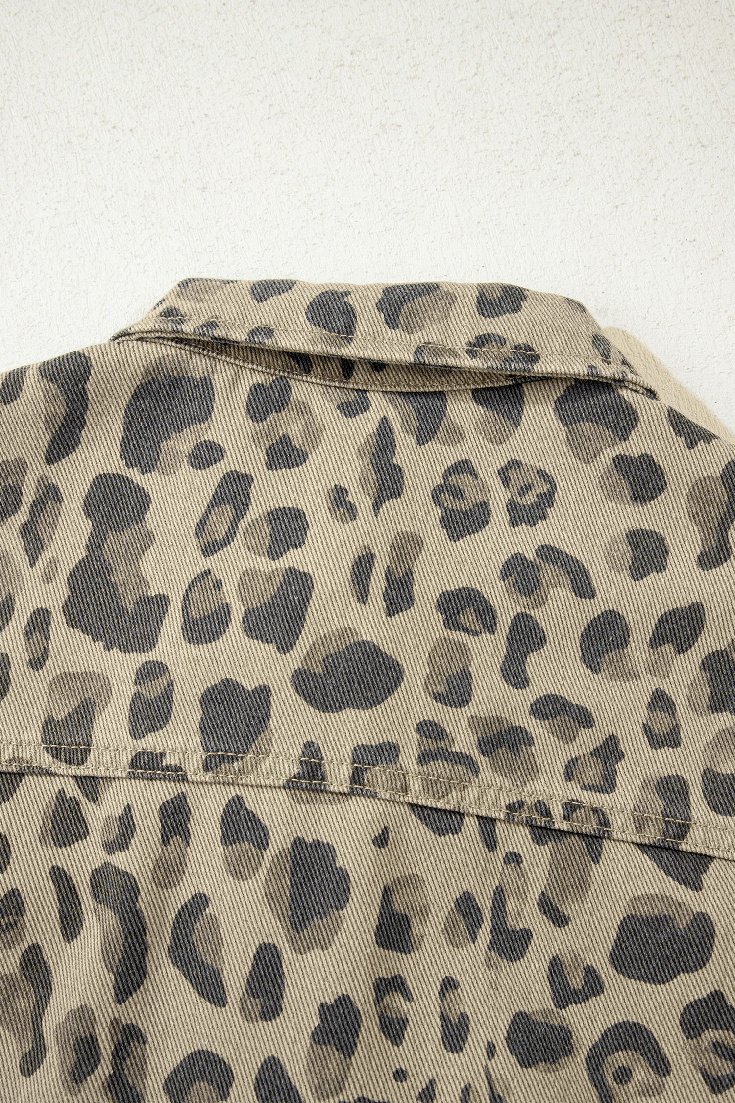 Khaki Retro Leopard Print Seam Detail Button Down Denim Jacket - loveforevers