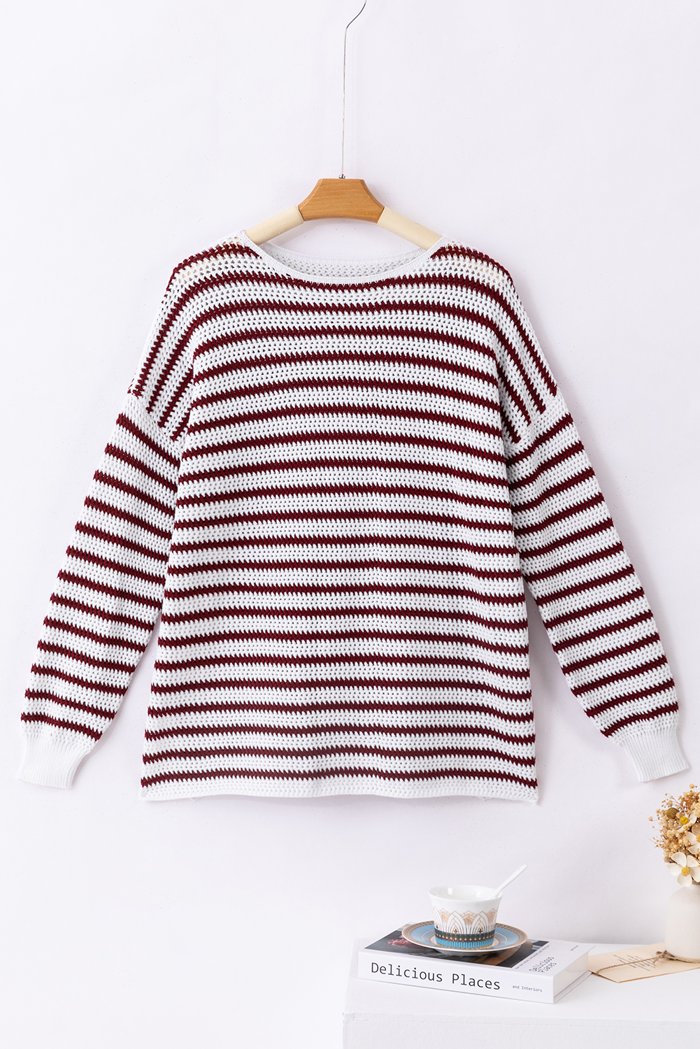 Fiery Red Striped Knit Split Hem Baggy Sweater - loveforevers