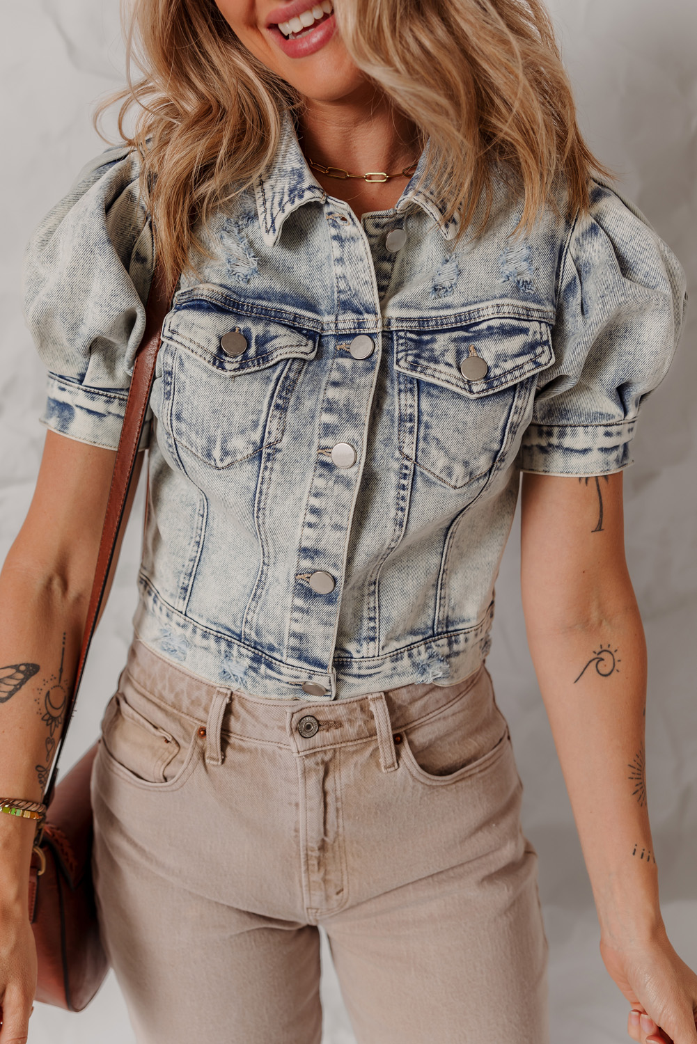 Beau Blue Light Wash Buttoned Chest Pocket Puff Sleeve Denim Jacket - loveforevers