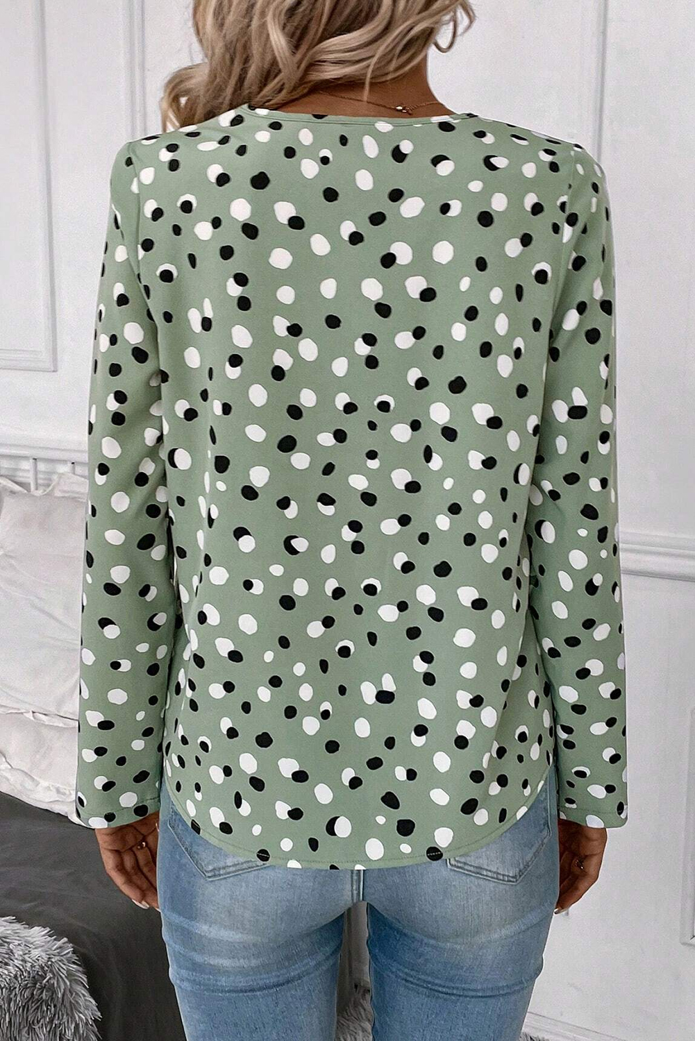 Green Polka Dot Print Button Front V Neck Blouse - loveforevers
