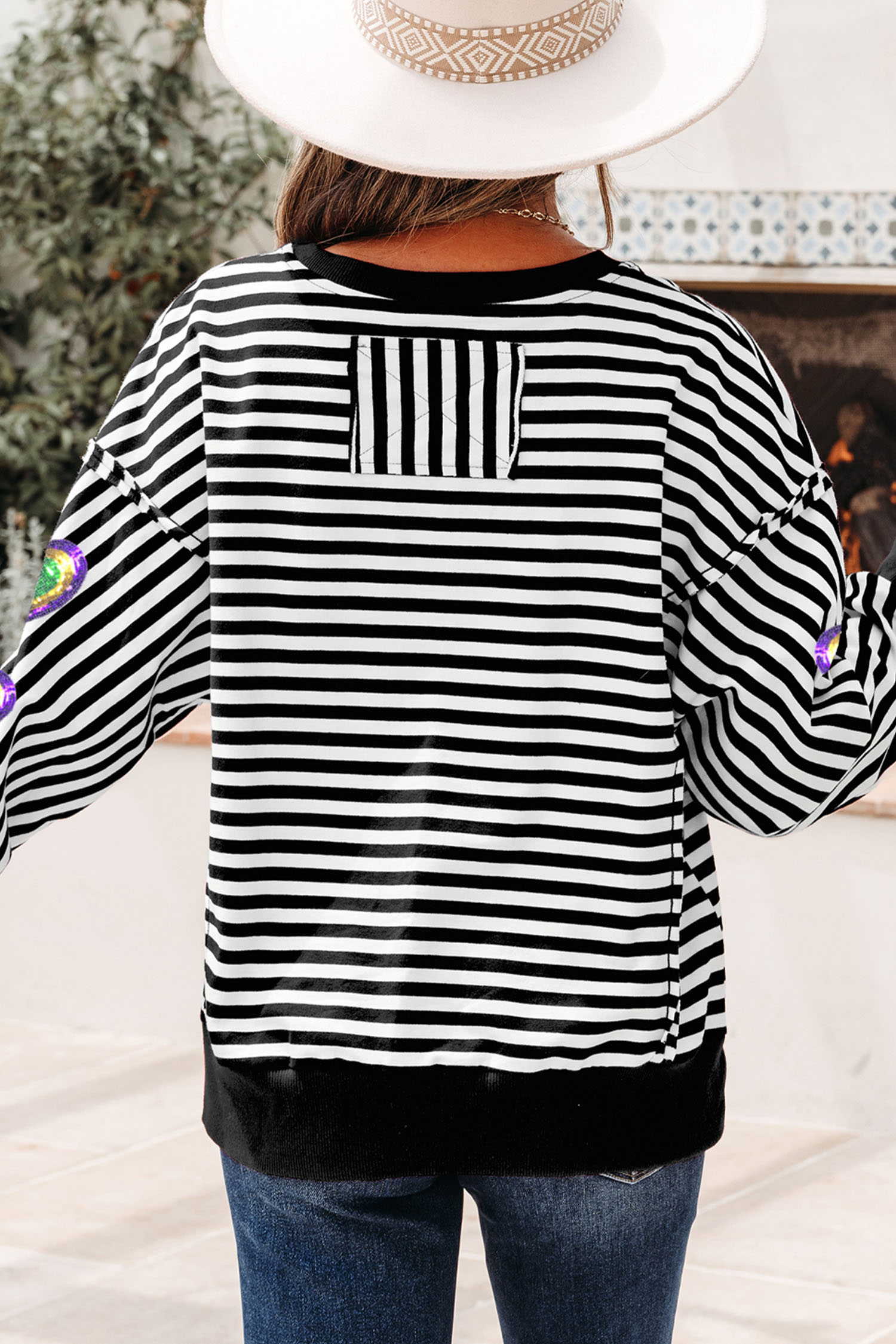 Black Stripe Raw Seam Detail Sequin Mardi Gras Heart Patched Graphic Long Sleeve Top - loveforevers