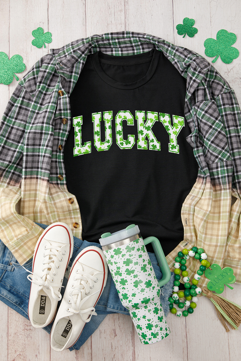 Black Clover LUCKY Letter Graphic St Patricks Day T Shirt - loveforevers
