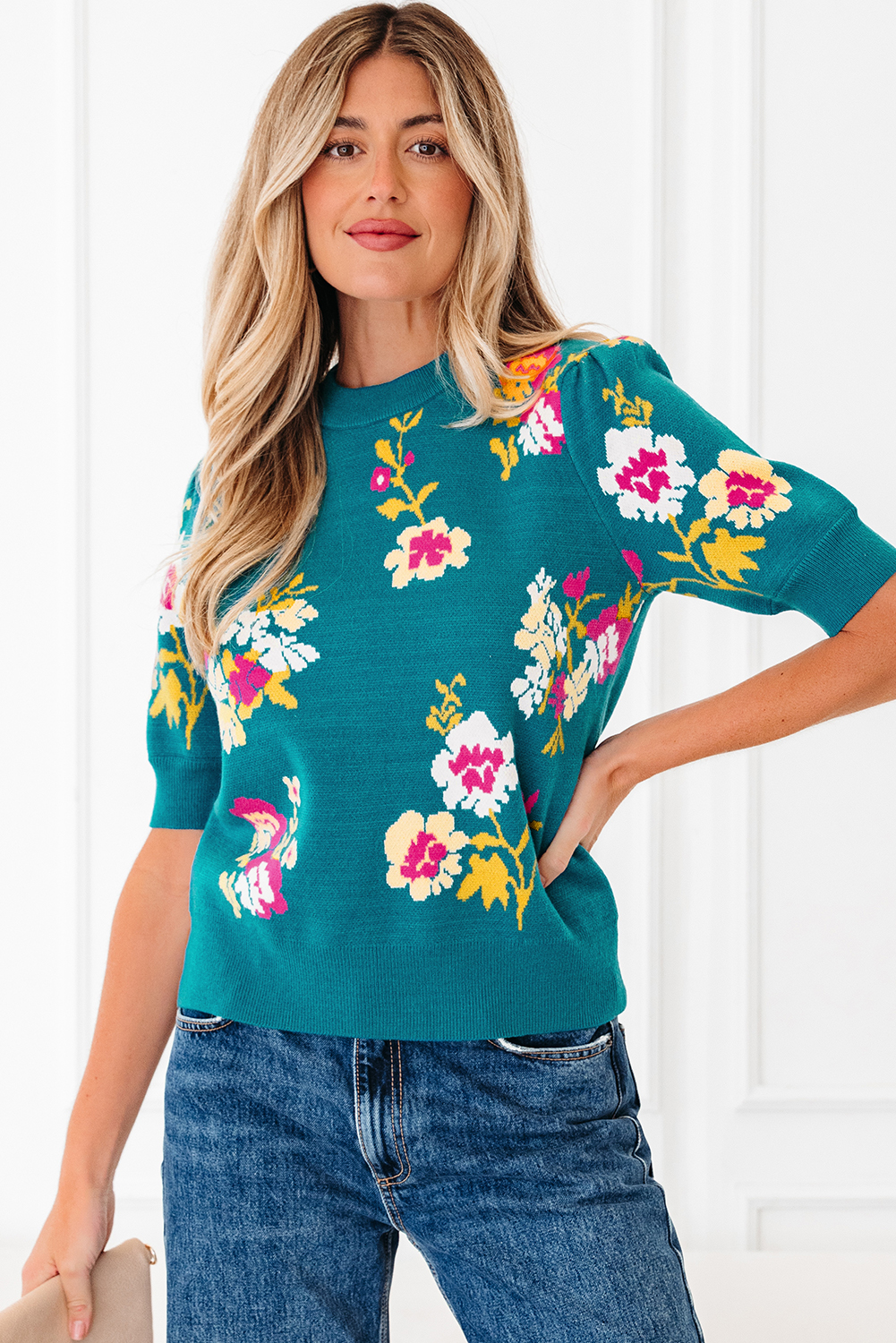 Blue Flower Pattern Mock Neck Short Sleeve Knitted T Shirt - loveforevers