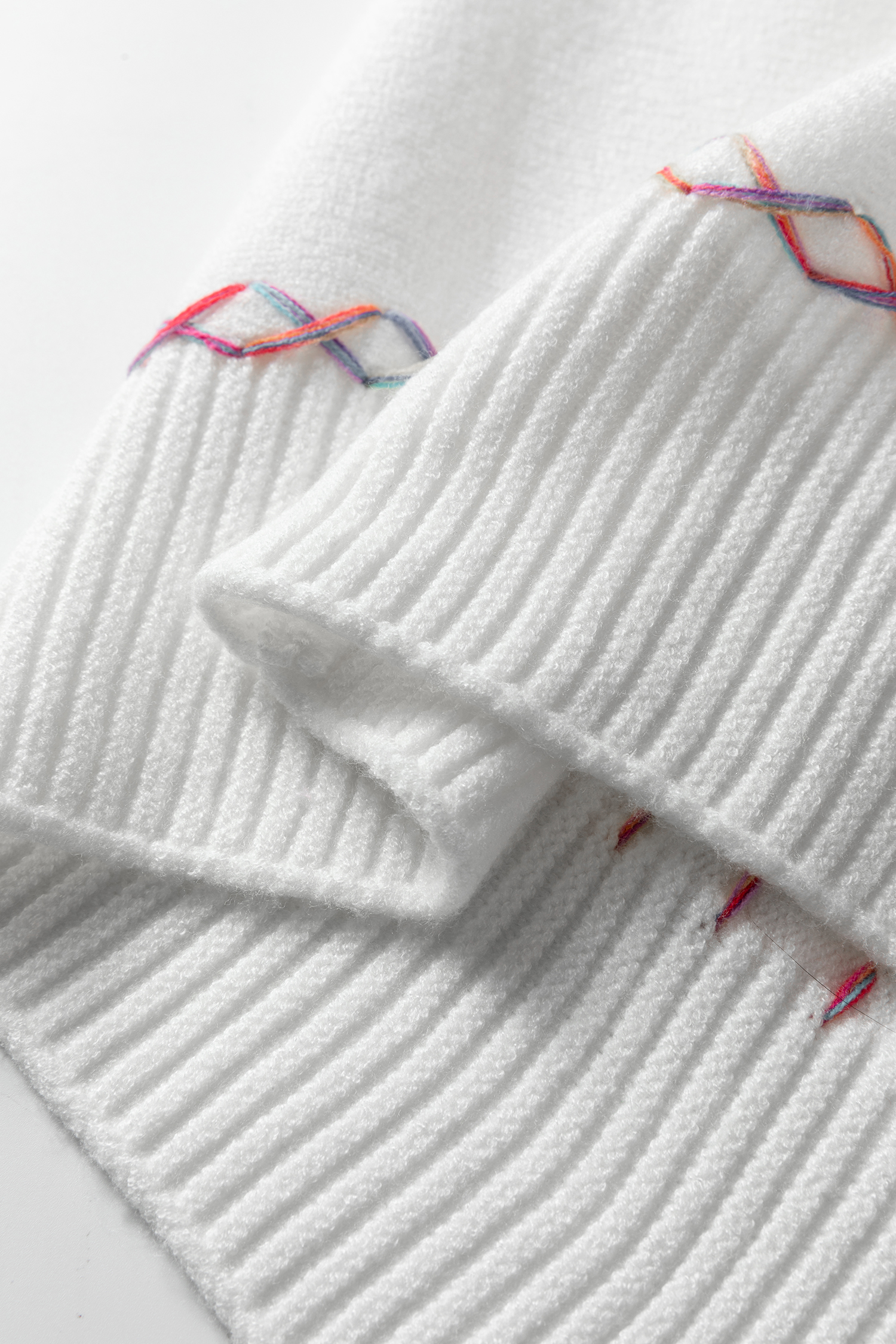 White Rainbow Stitching Balloon Sleeve Relaxed Sweater - loveforevers