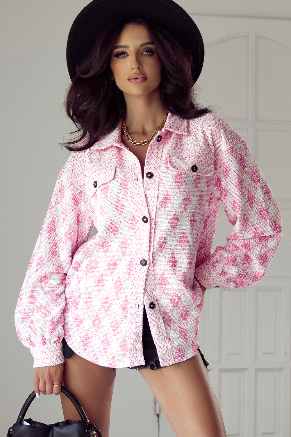 Delicacy Geometric Print Textured Flap Detail Shacket with Pocket - loveforevers