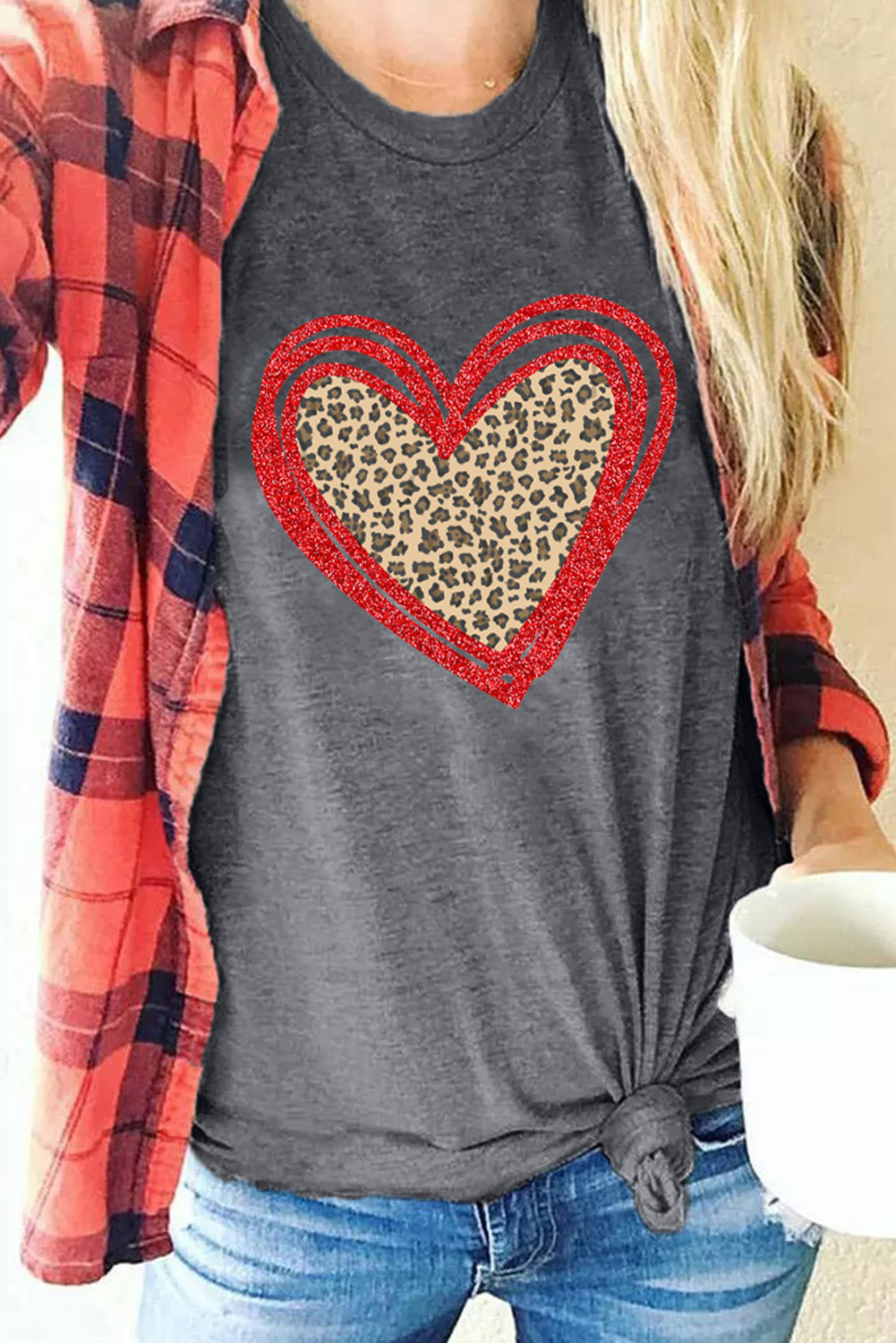 Gray Sequin Leopard Heart Graphic T-shirt - loveforevers