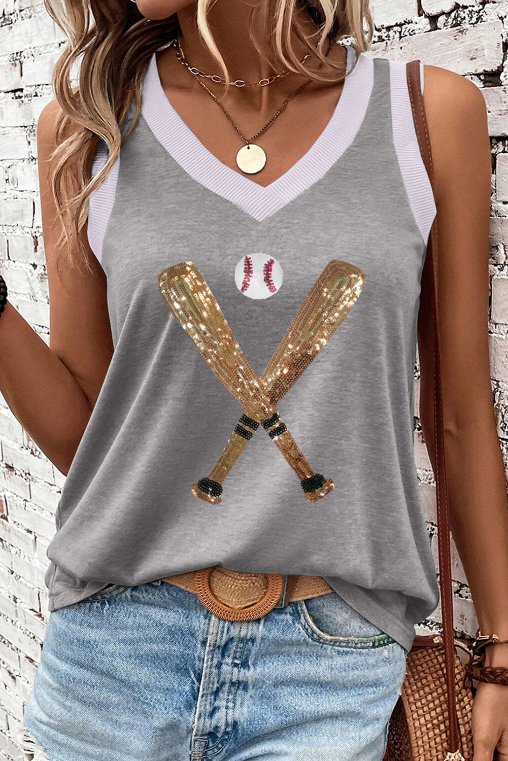 Gray Sequined Baseball Bat Graphic Ribbed Trim Casual Tank Top - loveforevers