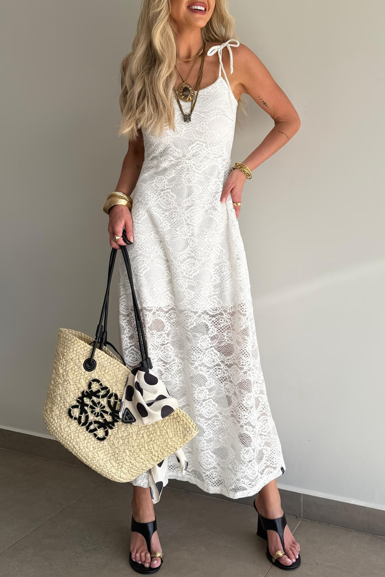 White Tie Spaghetti Straps Floral Lace Overlay Long Dress - loveforevers