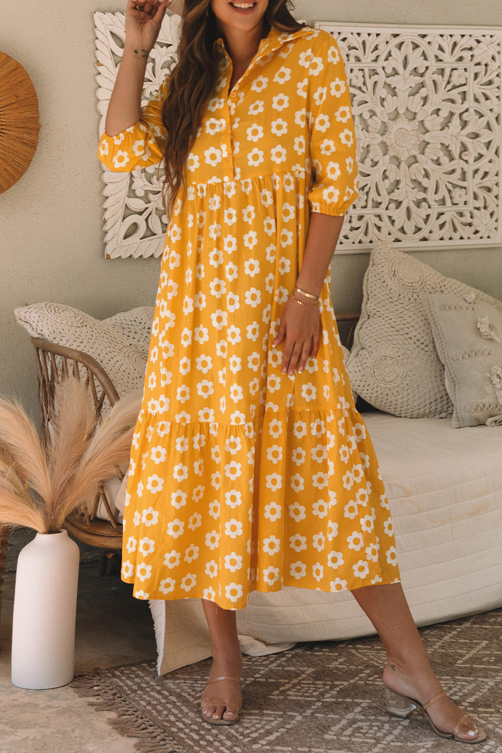 Yellow Flower Print Bracelet Sleeve Buttons Collared Maxi Dress - loveforevers