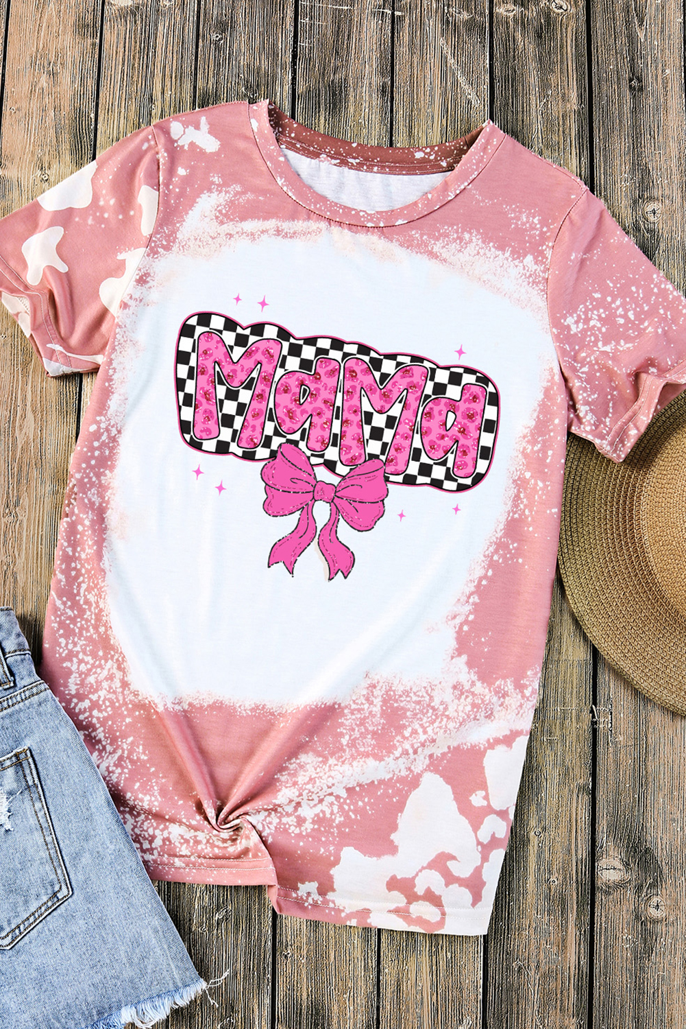 Pink Checkered Bow MAMA Graphic Tie-dye Tee - loveforevers