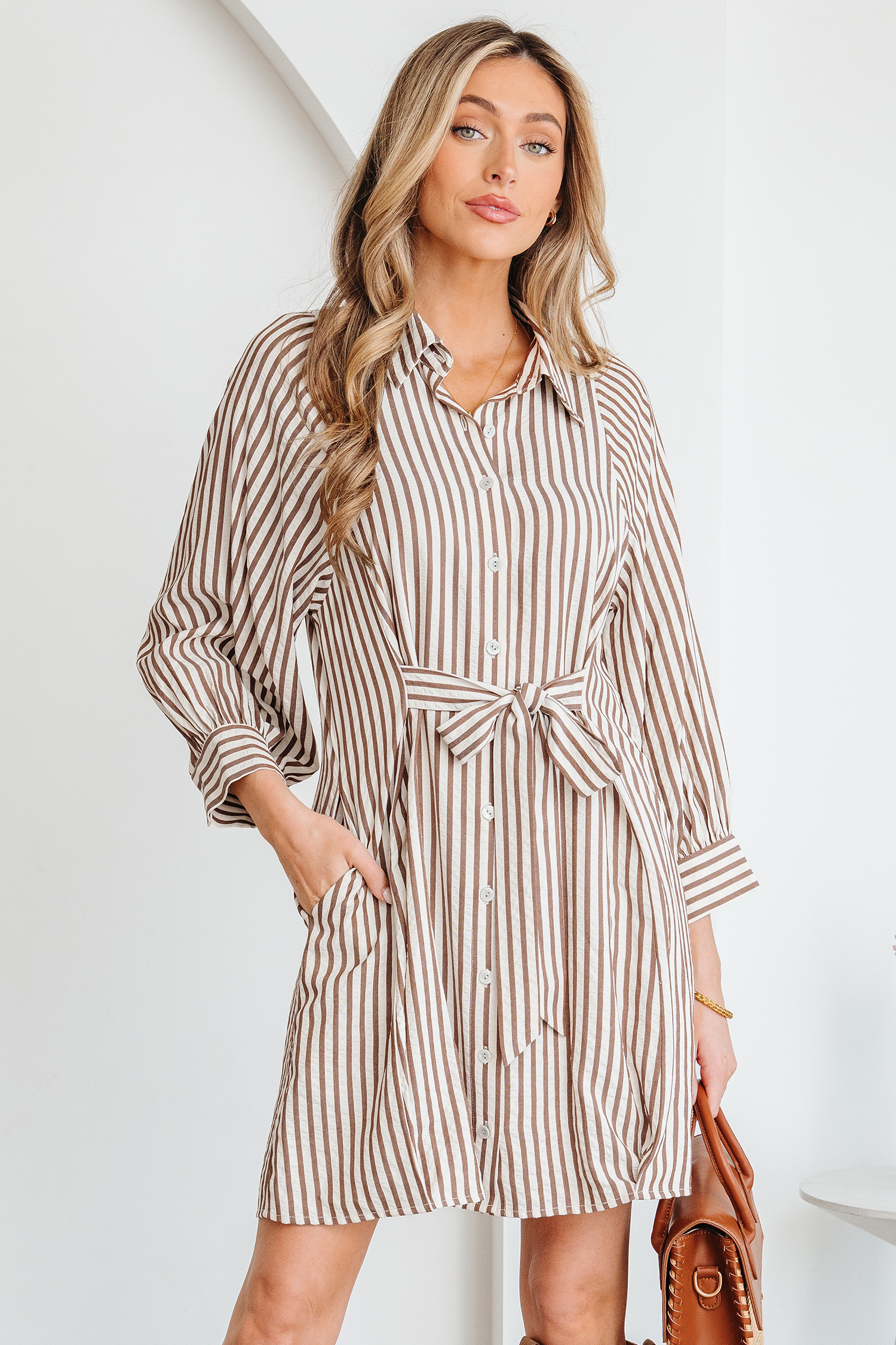 Brown Stripe Knot Waist Puff Sleeve Button Down Mini Shirt Dress - loveforevers