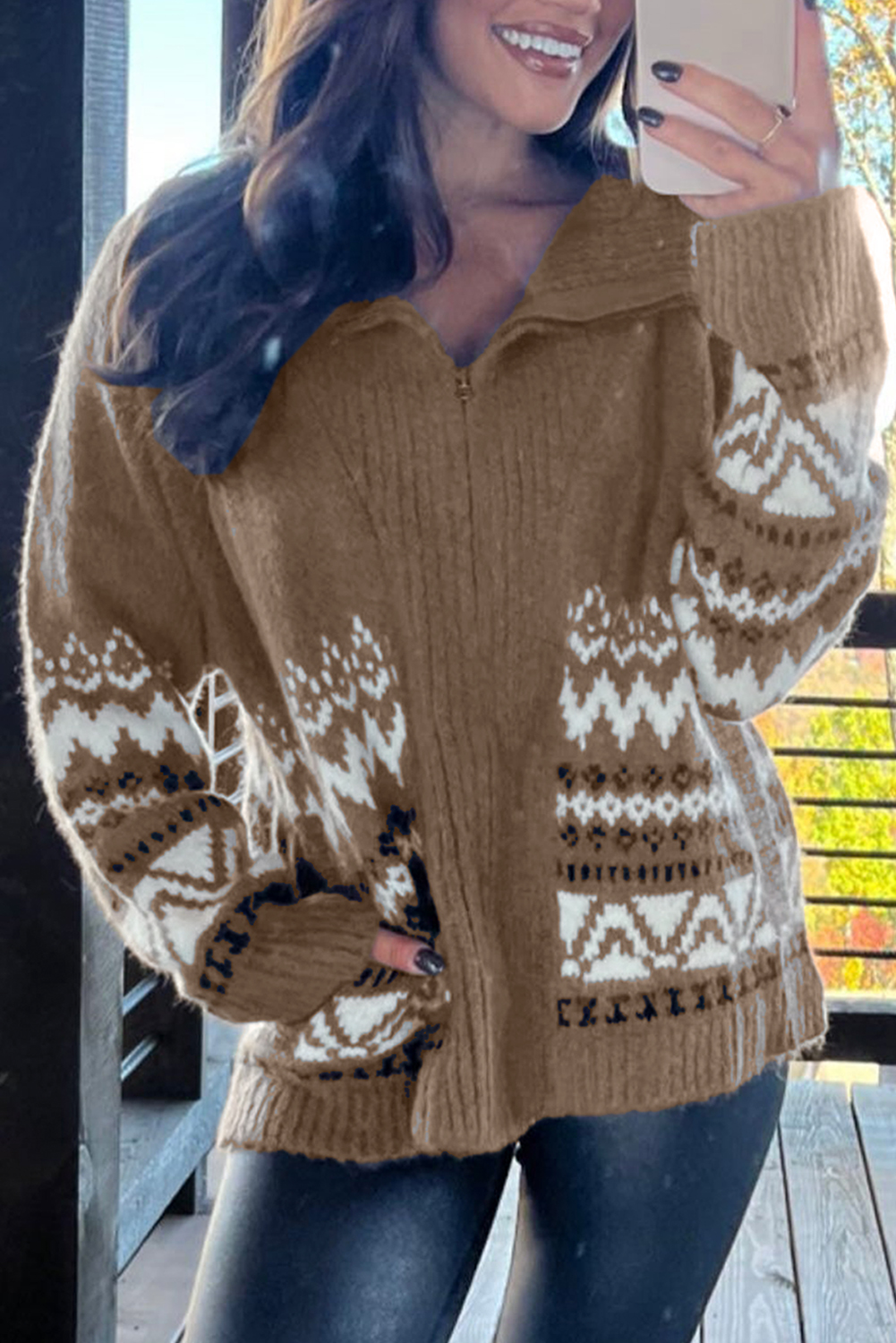 Brown Western Printed Ribbed Trim Collared Zip up Cardigan - loveforevers