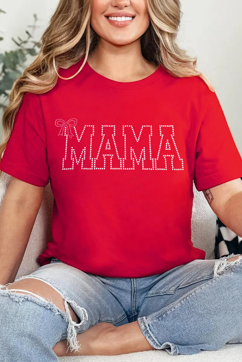 Red Rhinestone MAMA Bow Knot Pattern Crew Neck Loose Tee - loveforevers