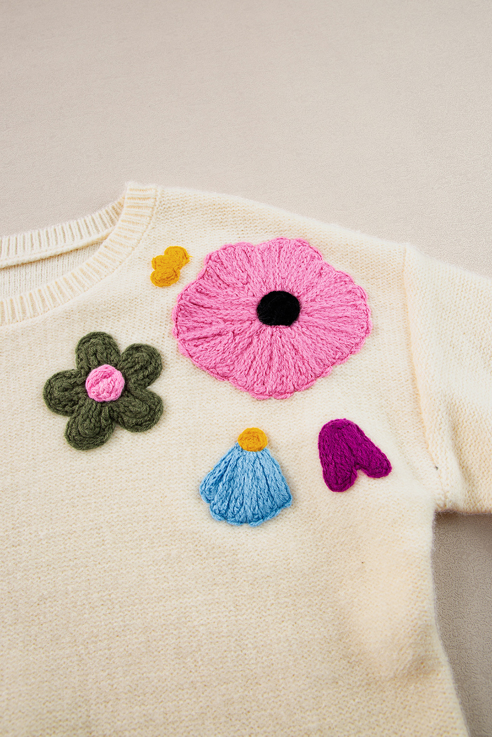 Pink Knitted Flower Pattern Ribbed Edge Sweater - loveforevers