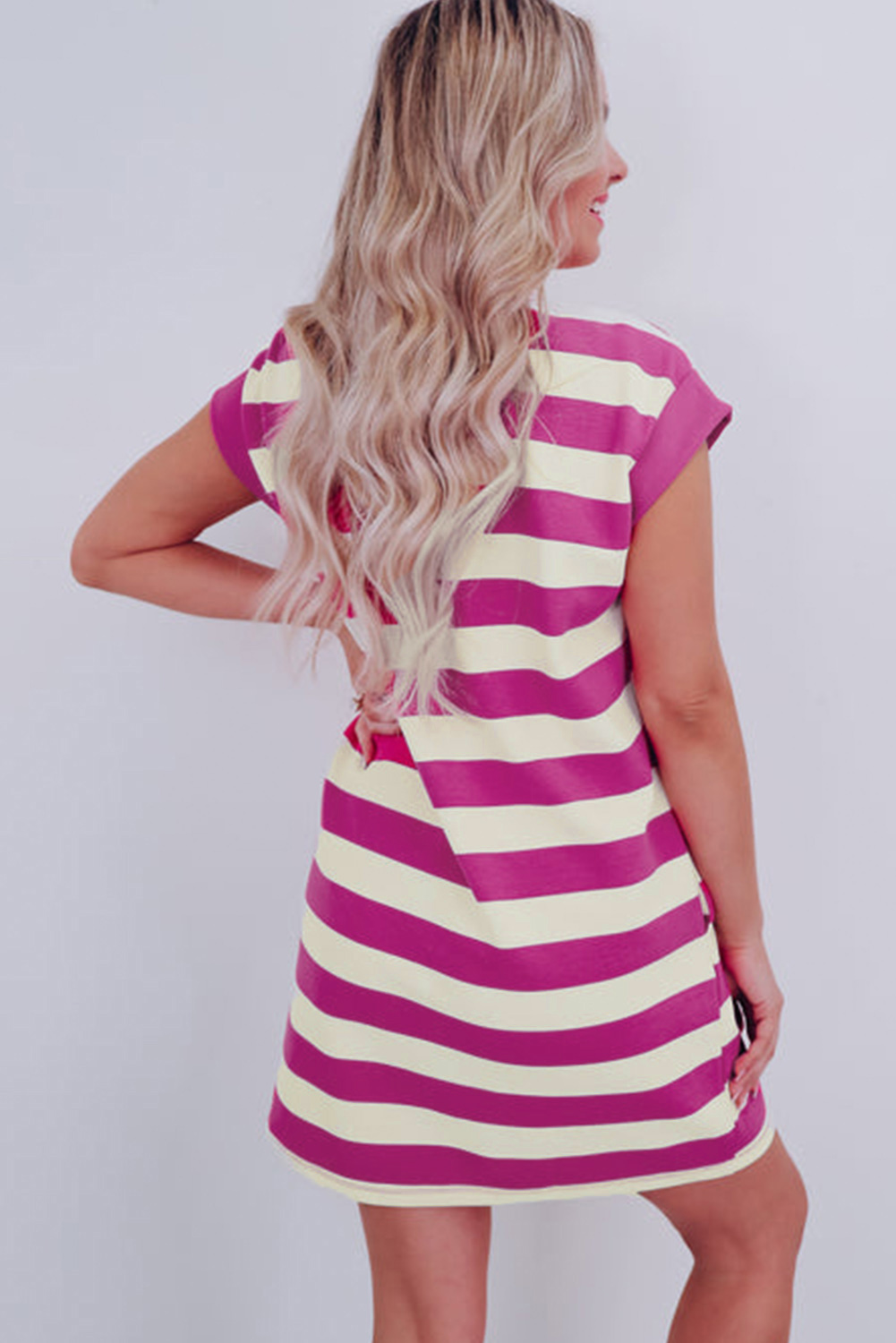 Rose Stripe Cap Sleeve Pocketed Shift T-shirt Dress - loveforevers