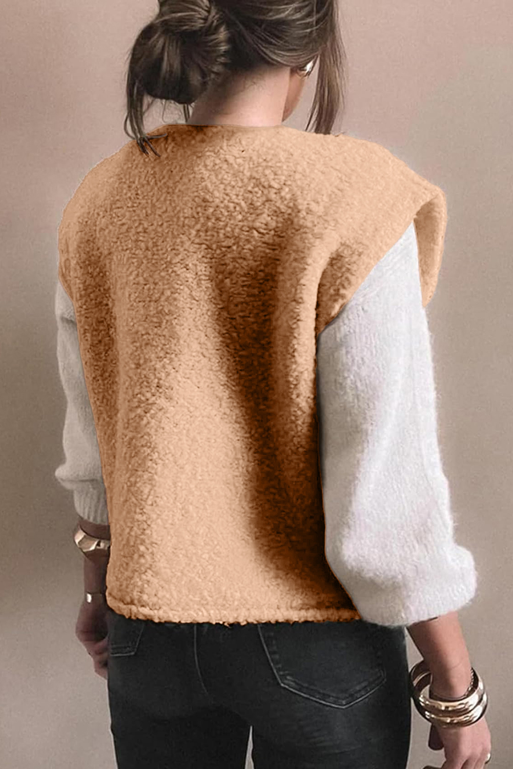 Light French Beige Big Button Accent Fuzzy Pocket Vest - loveforevers
