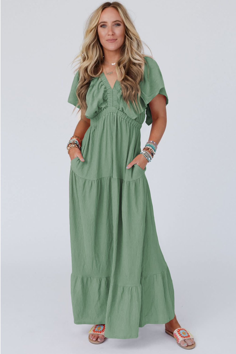 Grass Green Textured V Neck Flutter Sleeve Ruffled Maxi Dress - loveforevers