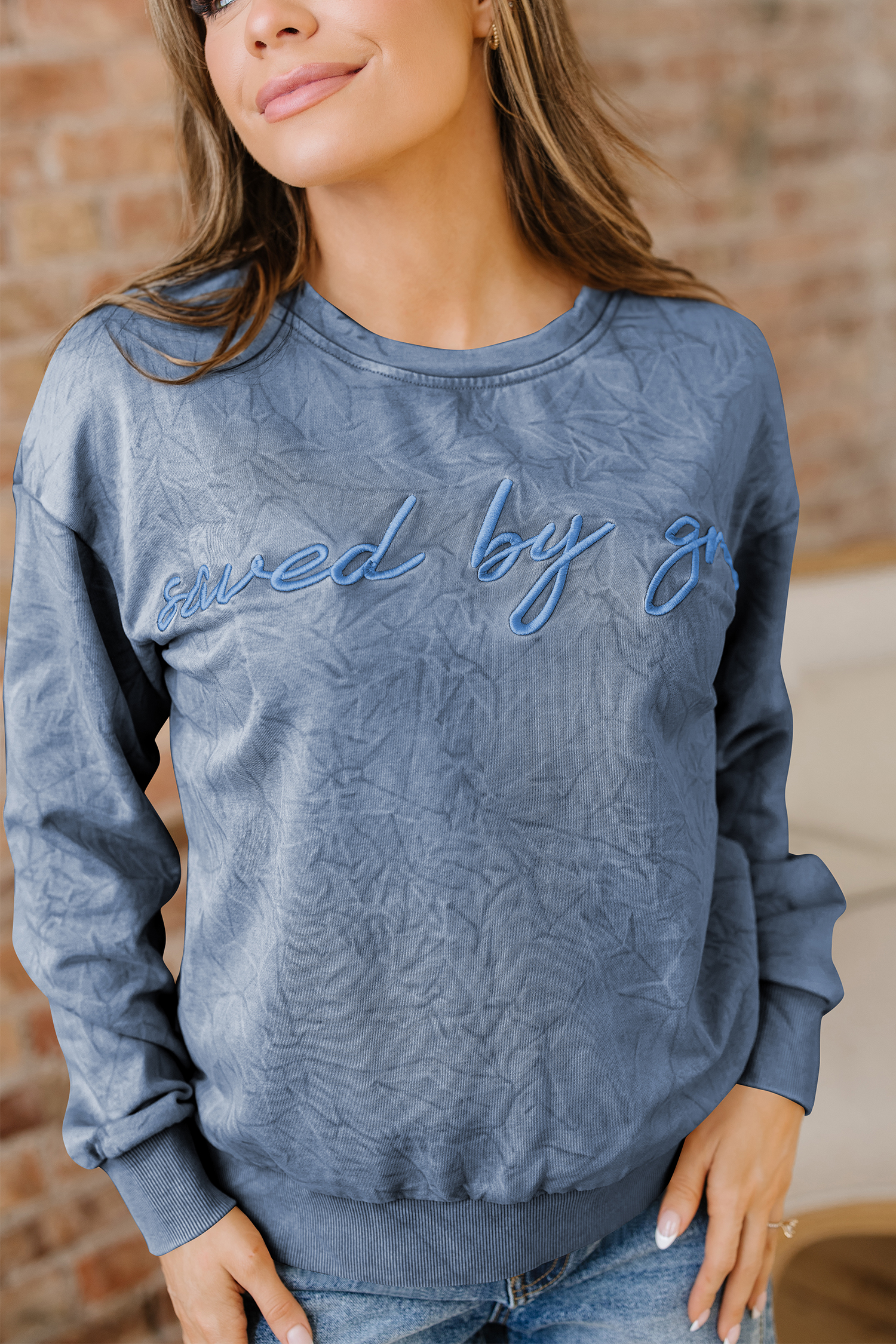 DUNE saved by grace Letter Embroidery Mineral Wash Loose Sweatshirt - loveforevers