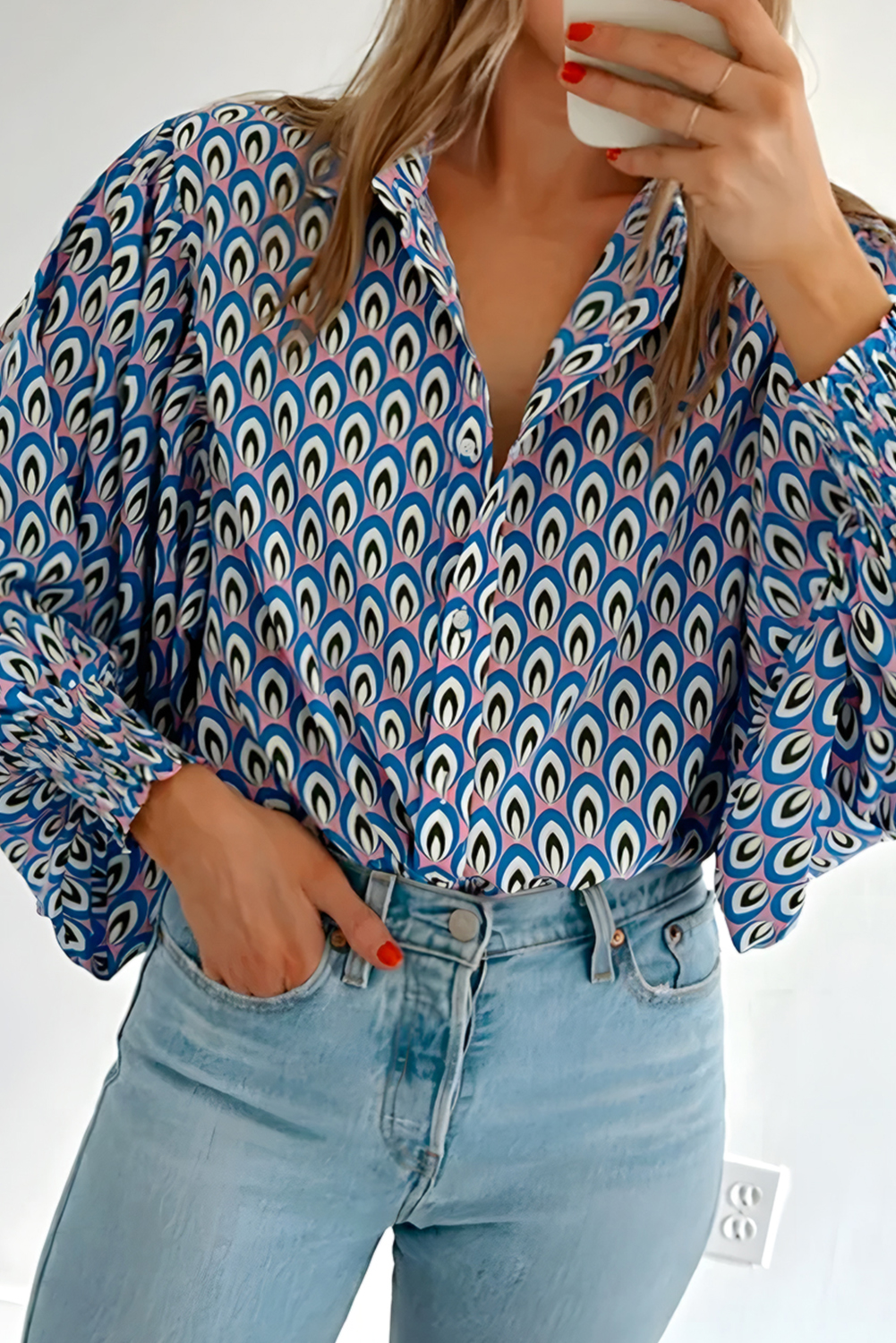 Sky Blue Abstract Print Shirred Cuff Buttoned Oversized Shirt - loveforevers