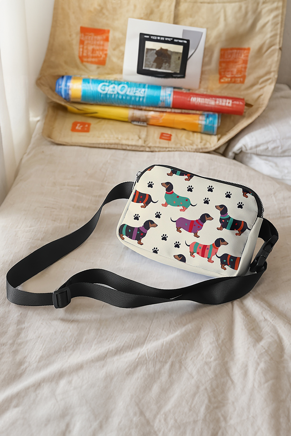 White Dachshund Walking Footprint Crossbody Bag - loveforevers