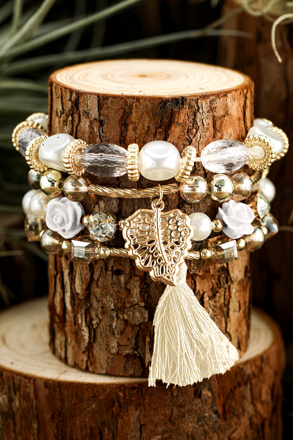White Bohemian Rhinestone Beaded Fringed Layered Bracelet - loveforevers
