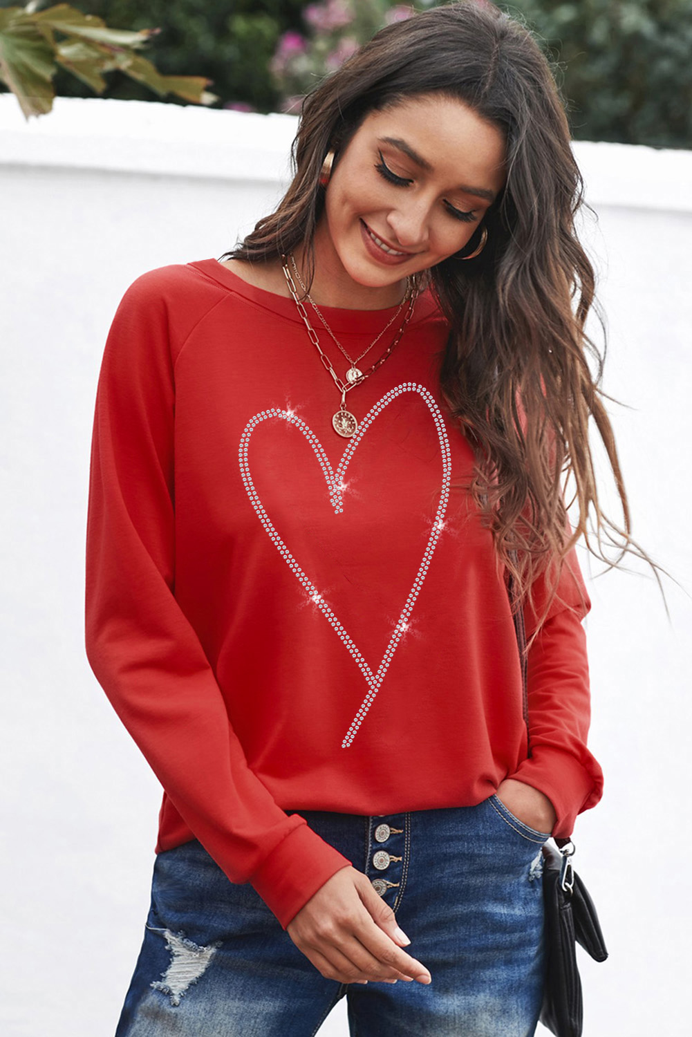Fiery Red Rhinestone Heart Shaped Long Sleeve Sweatshirt - loveforevers