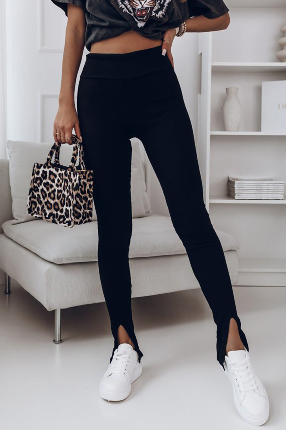 Black Rib Knit High Waist Slit Leggings - loveforevers
