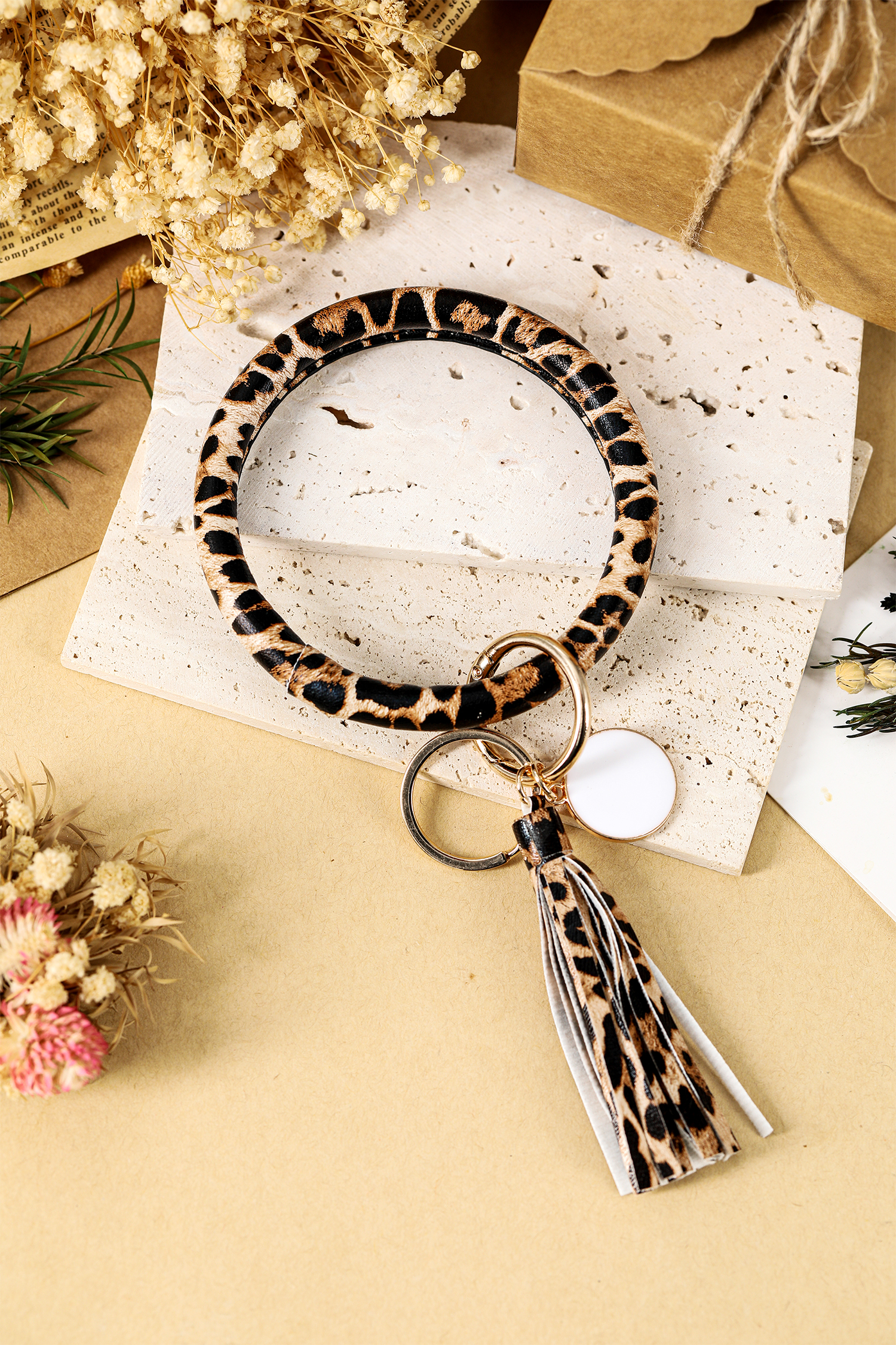 Parchment Leopard PU Leather Tassel Key Chain Bangle Bracelet - loveforevers