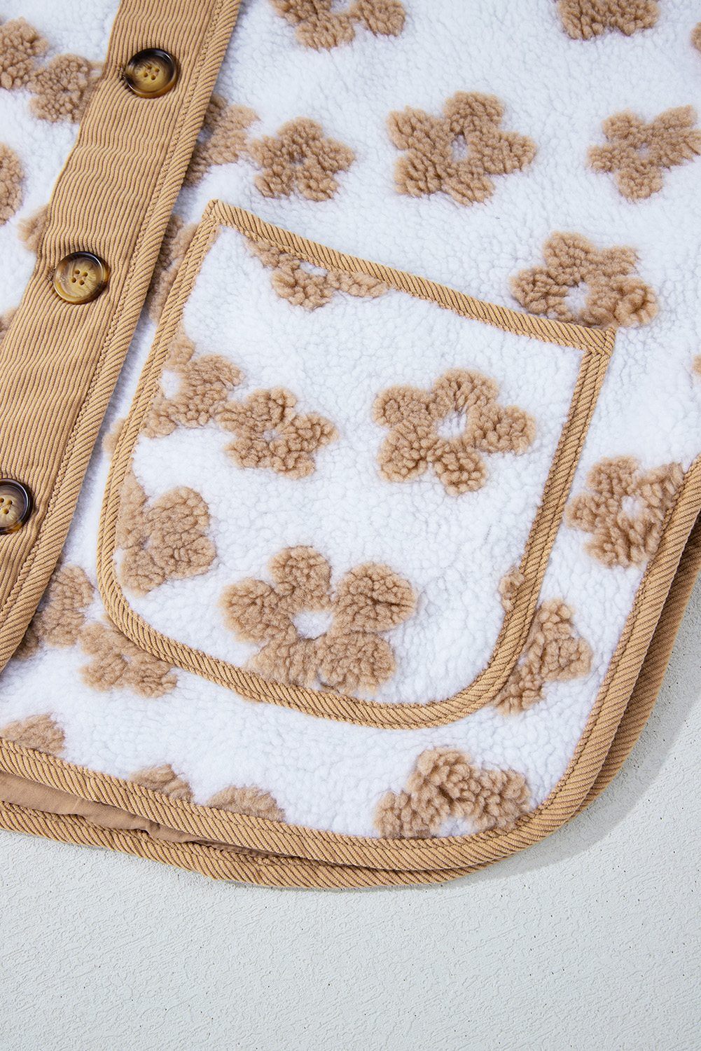 Light French Beige Cute Flower Pattern Button Up Fleece Jacket - loveforevers