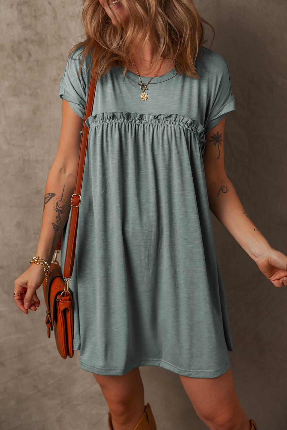Mist Green Frilled Gathered Seam Round Neck T Shirt Dress - loveforevers