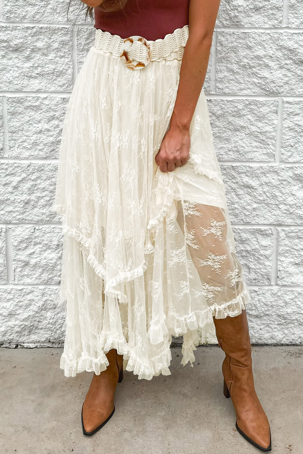 Apricot Lace Cascading Tiered High Waist Maxi Skirt - loveforevers