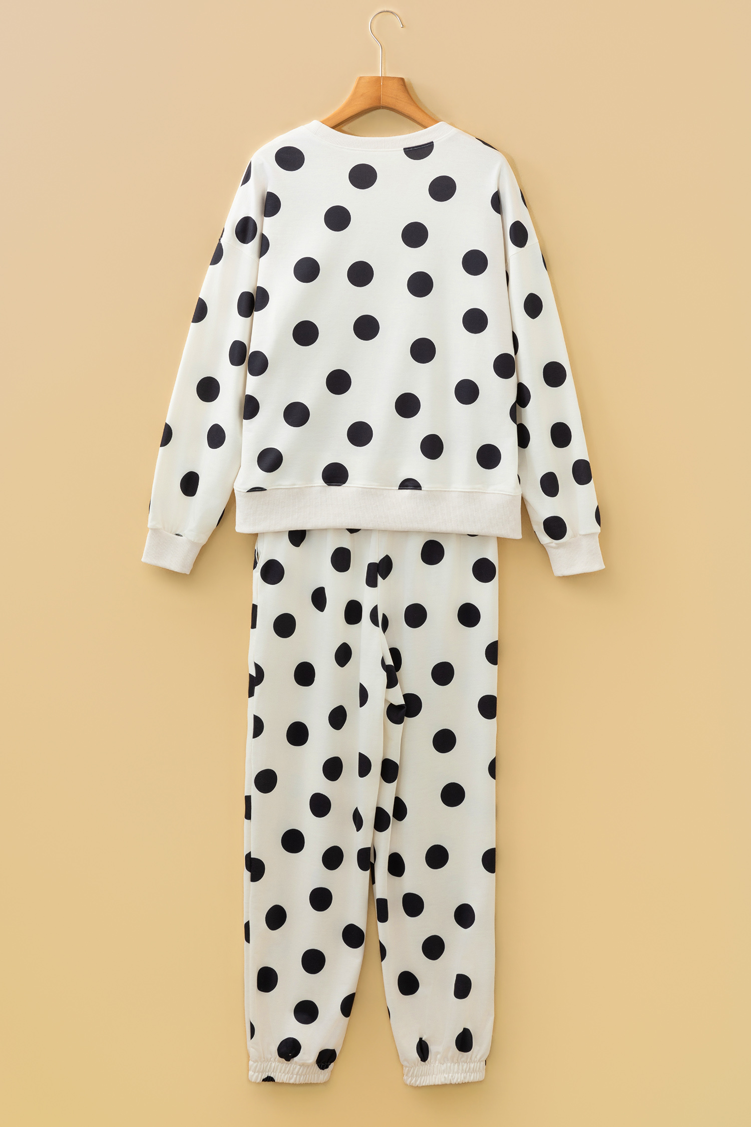Beige Polka Dot Print Drop Shoulder Pullover Drawstring Jogger Pant Set - loveforevers