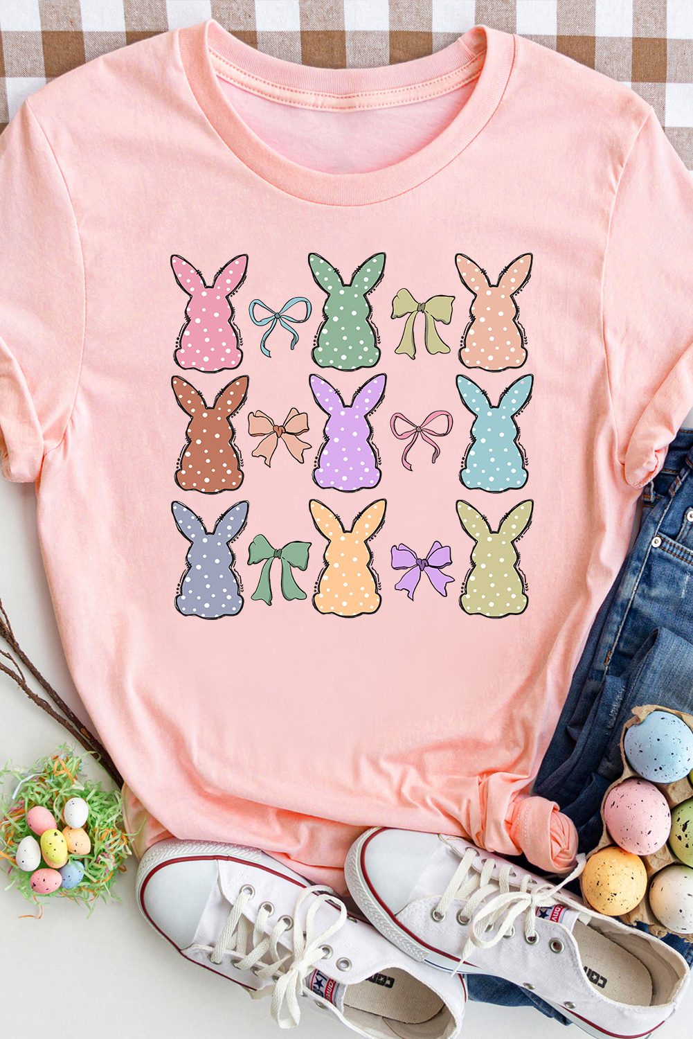 Pink Dotty Bunny Bow Printed Easter Day Fashion T Shirt - loveforevers