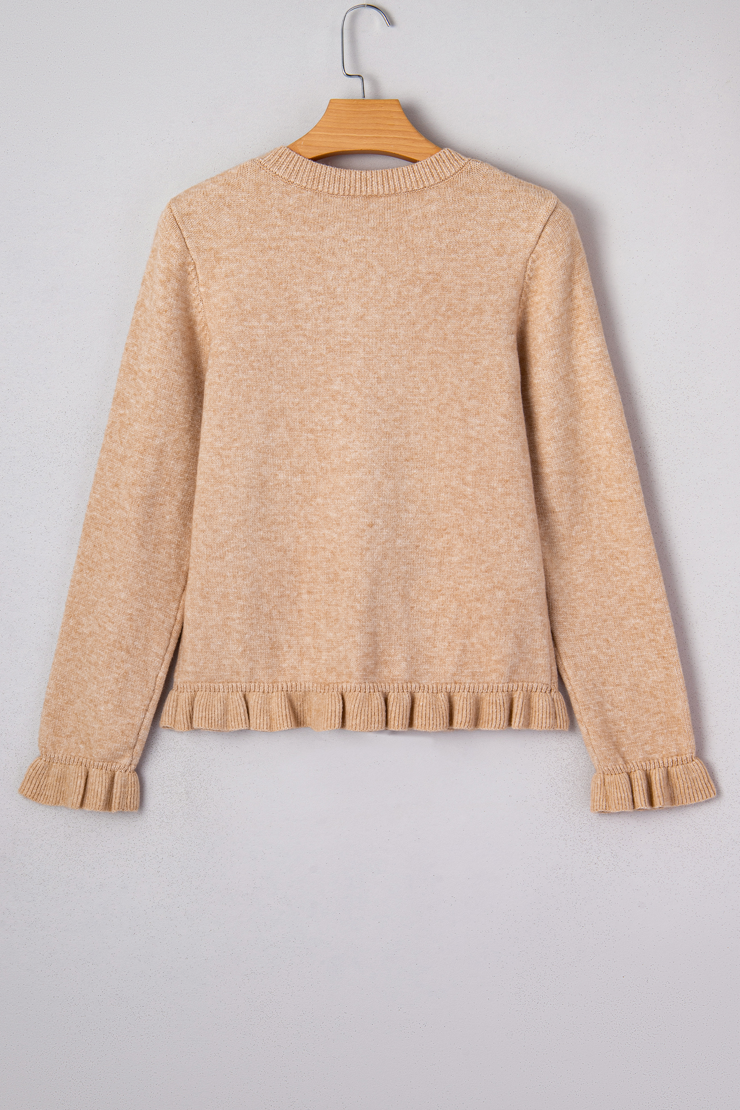 Oatmeal Ruffle Trim Gold Button Sweater Cardigan - loveforevers