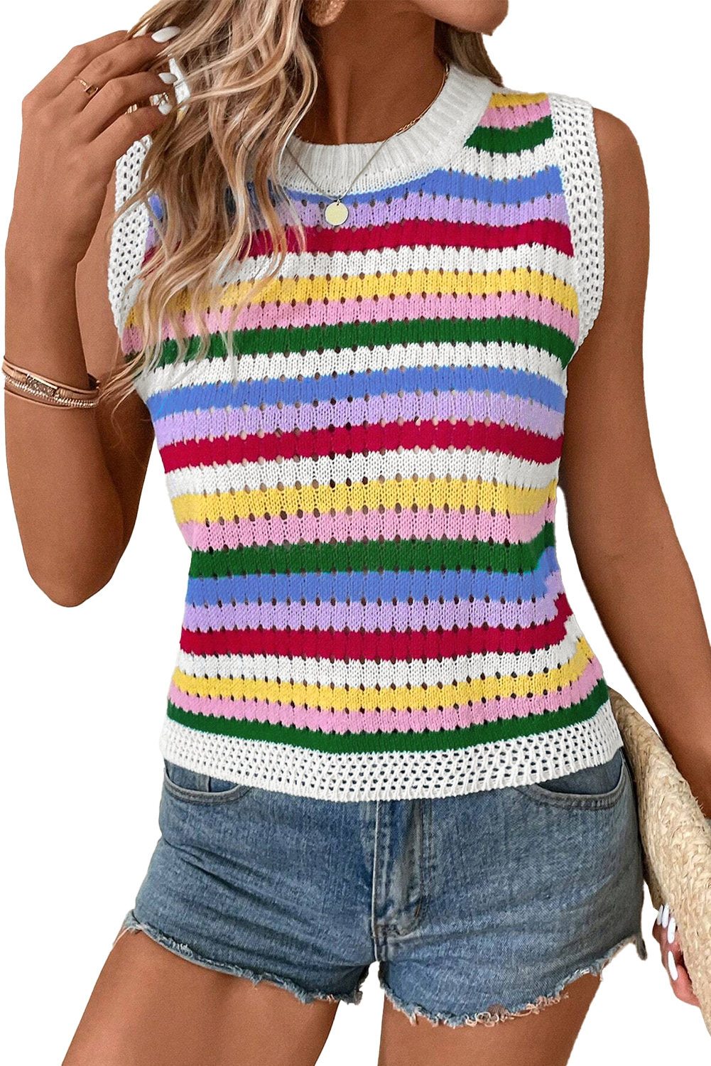 Multicolour Striped Knitted Eyelet Slim Sweater Vest - loveforevers