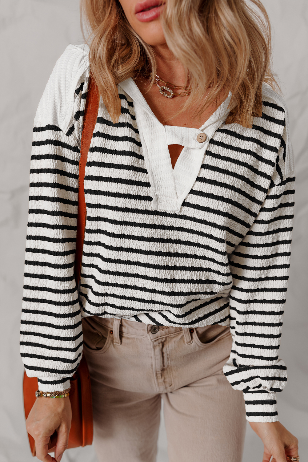Khaki Stripe Textured Hooded V Neck Casual Long Sleeve Top - loveforevers