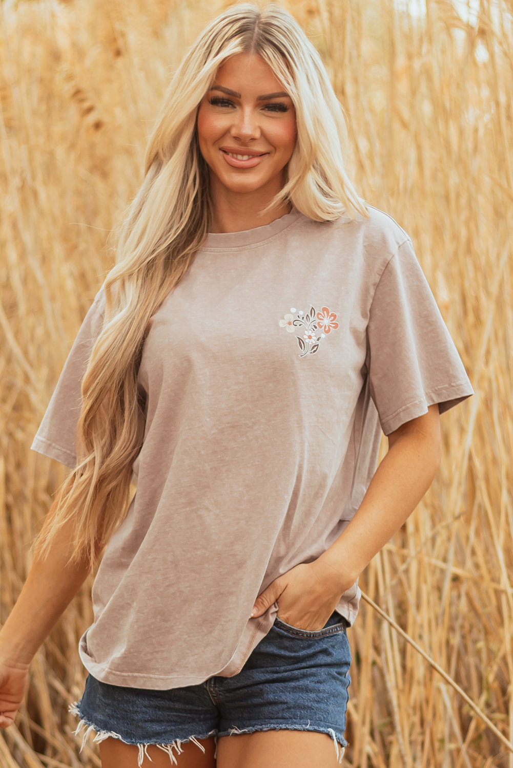 Smoke Gray Mineral Wash Floral Steer Head Printed Back Western Fashion Tee - loveforevers