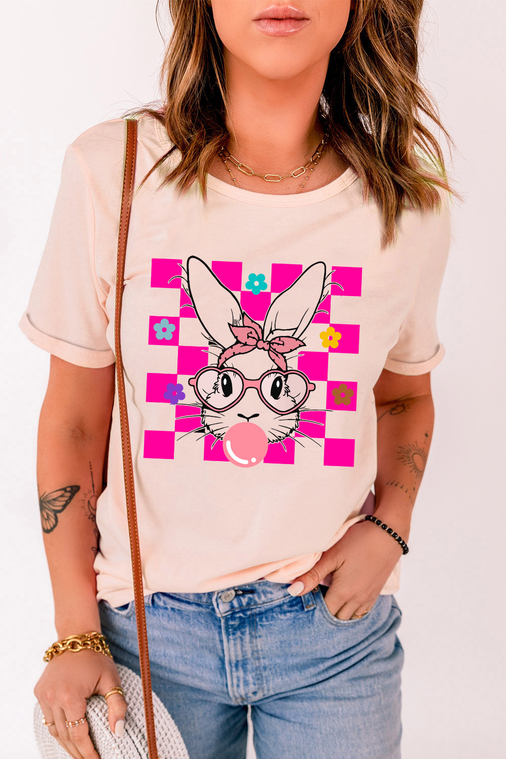 White Rabbit Bow Knot Print Crew Neck T Shirt - loveforevers