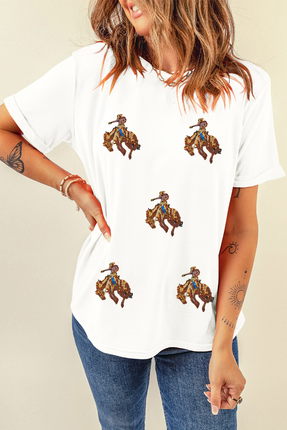 White Rodeo Patched Graphic Casual Round Neck Tee - loveforevers