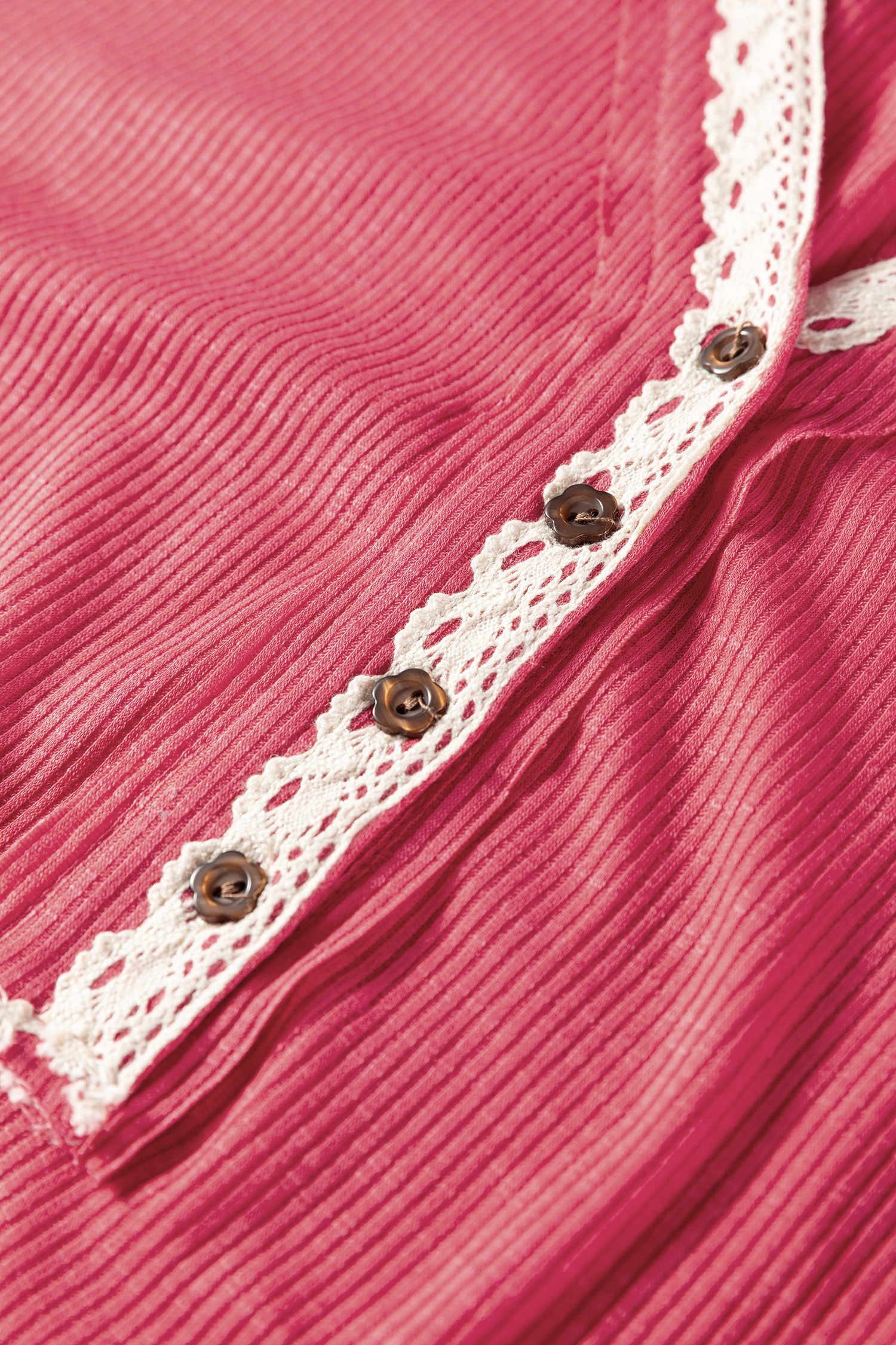 Racing Red Ribbed Texture Contrasted Lace Trim Button V Neck Long Sleeve Top - loveforevers