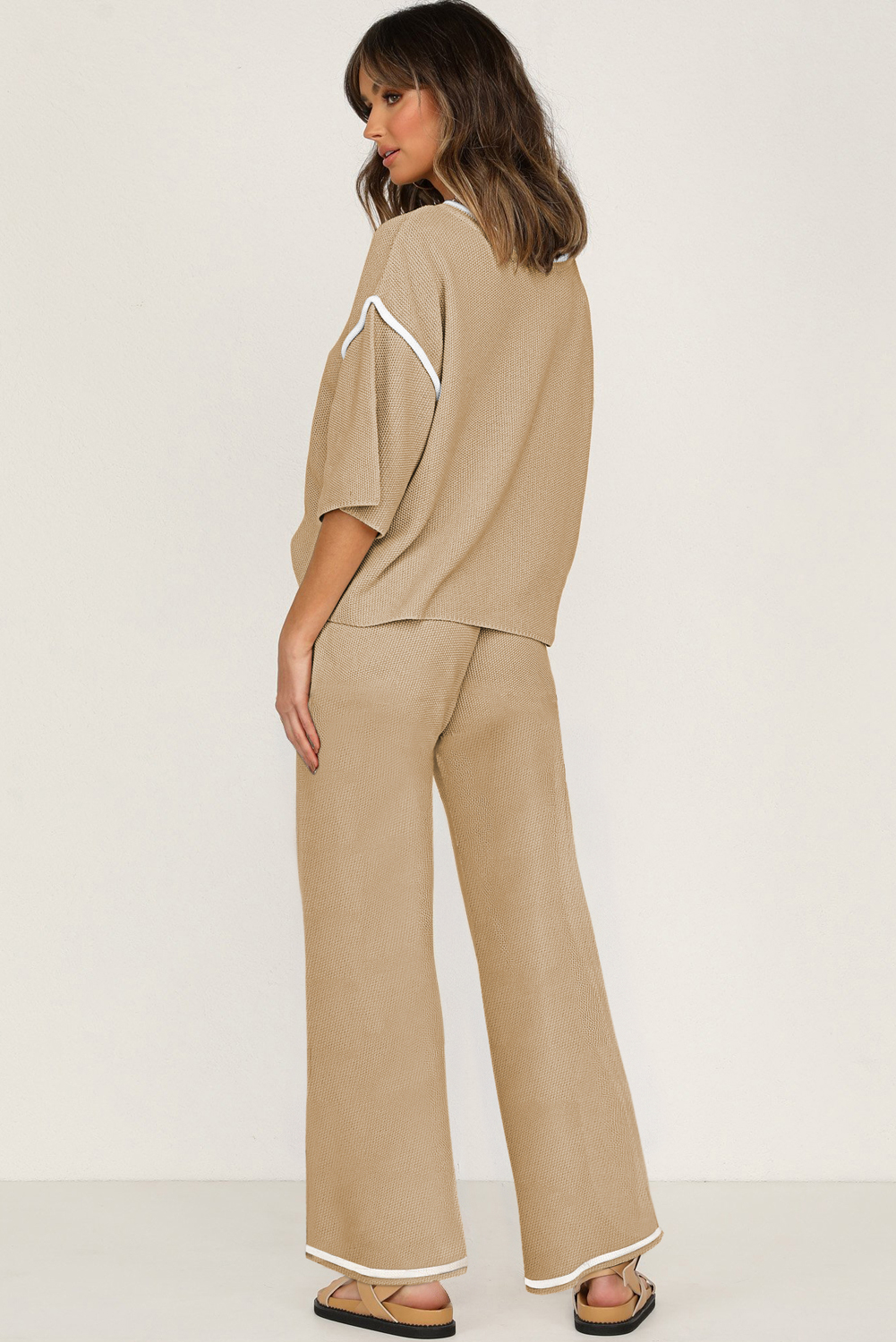 Blackish Green Contrast Trim Half Sleeve Top Drawstring Pants Loose 2pcs Sweater Suit - loveforevers