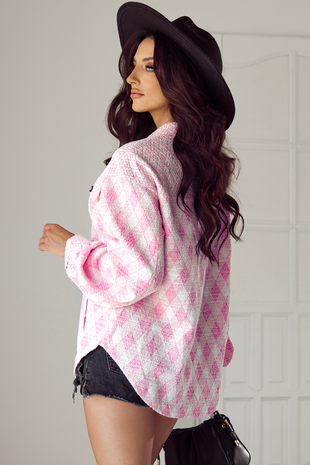 Delicacy Geometric Print Textured Flap Detail Shacket with Pocket - loveforevers