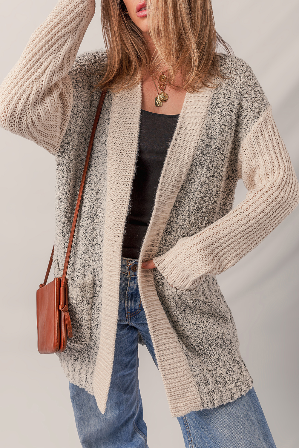 Color Block Side Pockets Open Front Cardigan - loveforevers