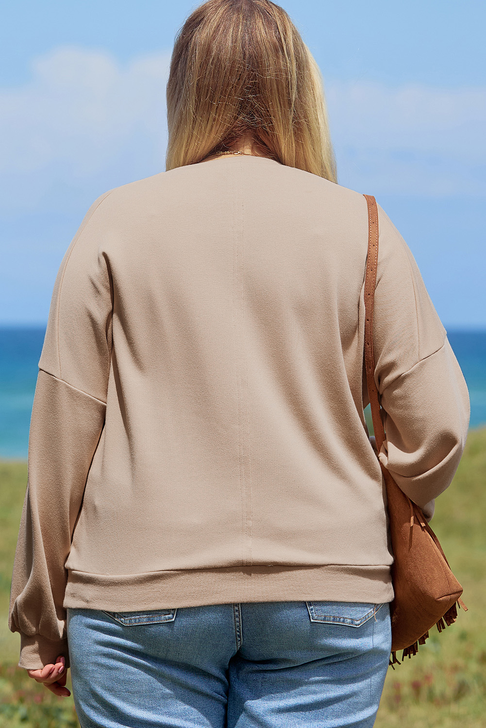 Beige Flower Patch Graphic Exposed Seam Wide Sleeve Top - loveforevers