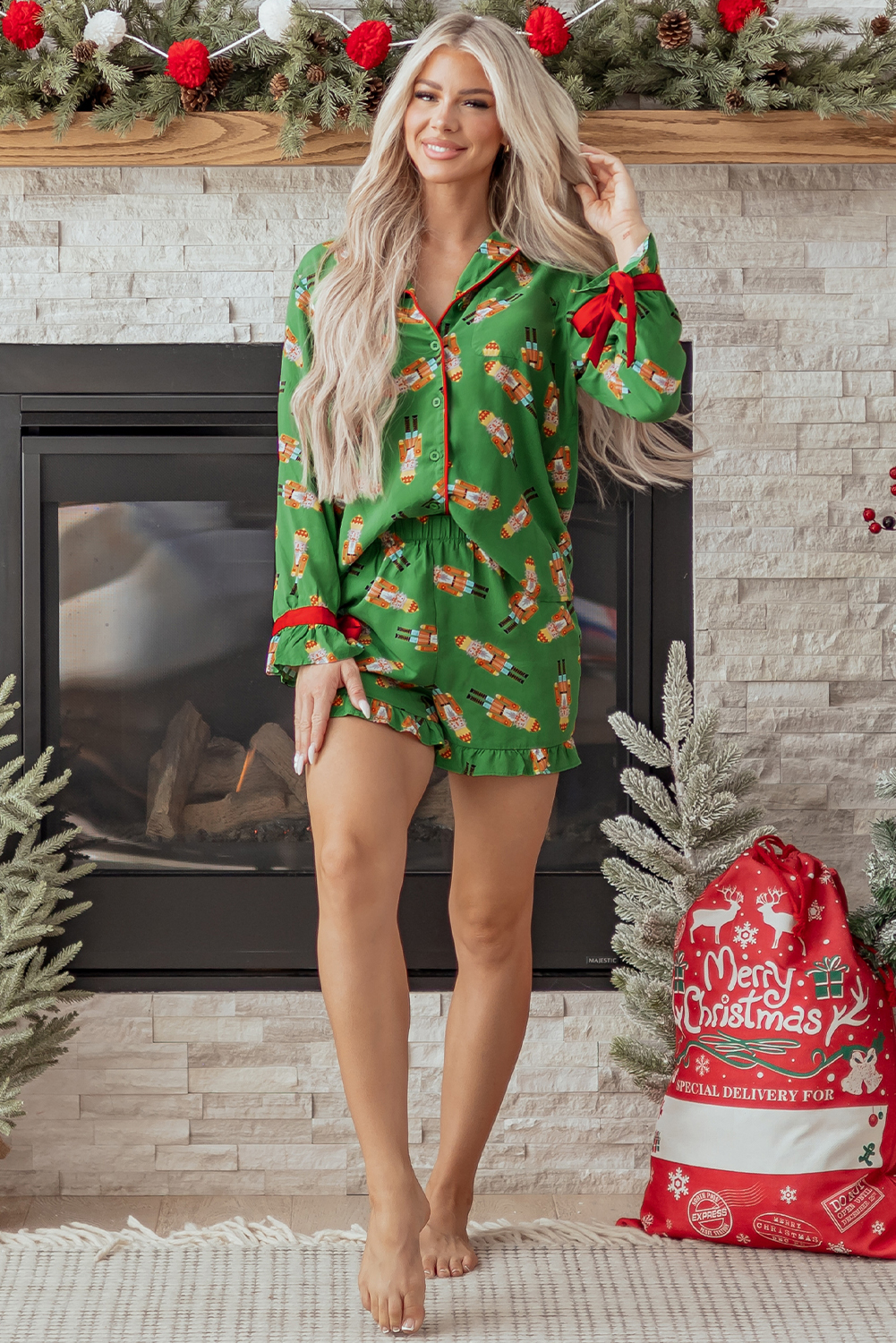 Green Christmas Candy Contrast Trim Bow Knot Silky 2pcs Pajama Set - loveforevers